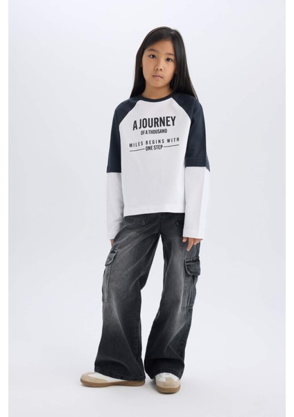 Kız Çocuk Oversize Geniş Kalıp Bisiklet Yaka Baskılı Uzun Kollu Tişört D9443A825SP