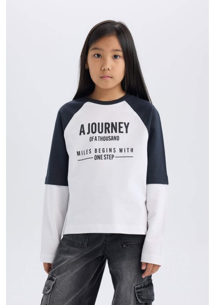 Kız Çocuk Oversize Geniş Kalıp Bisiklet Yaka Baskılı Uzun Kollu Tişört D9443A825SP