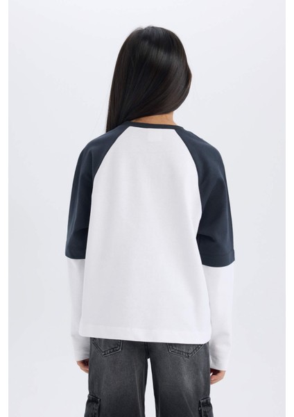 Kız Çocuk Oversize Geniş Kalıp Bisiklet Yaka Baskılı Uzun Kollu Tişört D9443A825SP