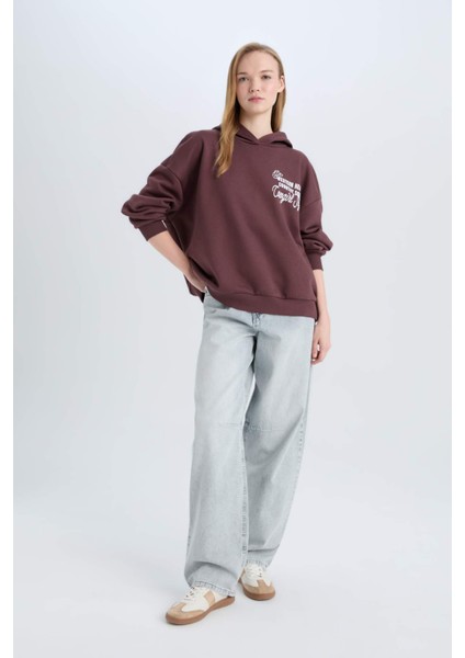 Coool Loose Fit Kapüşonlu Sırt Baskılı Kalın Sweatshirt E1495AX24WN