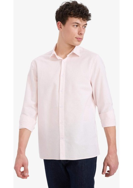 Regular Fit Polo Yaka Keten Yazlık Uzun Kollu Gömlek E1729AX25SP
