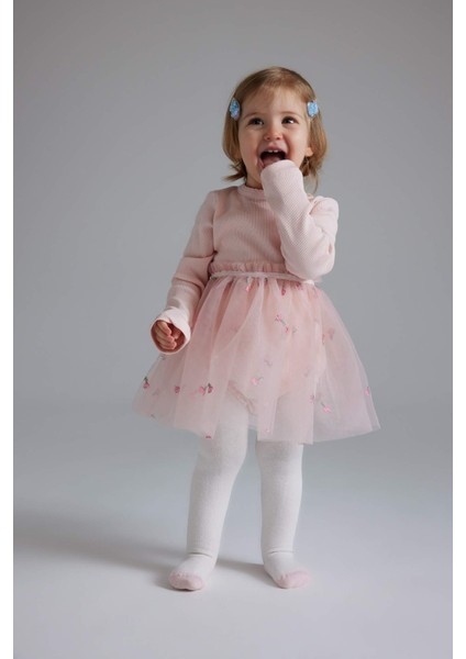 Kız Bebek Yenidoğan 3'lü Takım Nakışlı Fitilli Kaşkorse Tütü Etekli Çıtçıtlı Body Külotlu Çorap Saç Bandı D9095A525SP