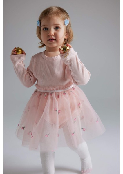 Kız Bebek Yenidoğan 3'lü Takım Nakışlı Fitilli Kaşkorse Tütü Etekli Çıtçıtlı Body Külotlu Çorap Saç Bandı D9095A525SP