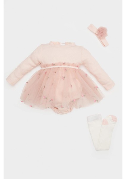 Kız Bebek Yenidoğan 3'lü Takım Nakışlı Fitilli Kaşkorse Tütü Etekli Çıtçıtlı Body Külotlu Çorap Saç Bandı D9095A525SP