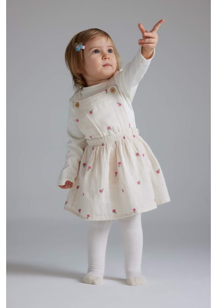 Kız Bebek 3'lü Takım Müslin Çiçekli Uzun Kollu Tişört Salopet Elbise Külotlu Çorap D9096A525SP