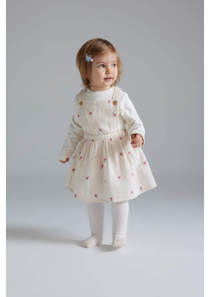 Kız Bebek 3'lü Takım Müslin Çiçekli Uzun Kollu Tişört Salopet Elbise Külotlu Çorap D9096A525SP