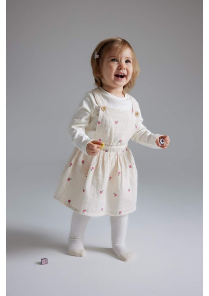 Kız Bebek 3'lü Takım Müslin Çiçekli Uzun Kollu Tişört Salopet Elbise Külotlu Çorap D9096A525SP