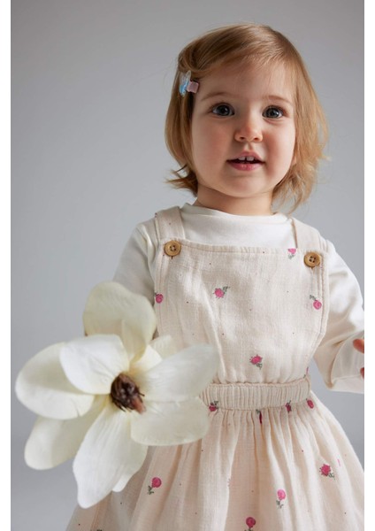 Kız Bebek 3'lü Takım Müslin Çiçekli Uzun Kollu Tişört Salopet Elbise Külotlu Çorap D9096A525SP