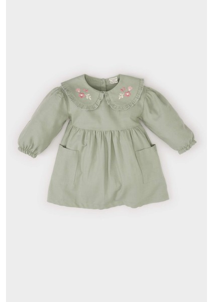 Kız Bebek Büyük Yaka Nakışlı Uzun Kollu Cepli Twill Elbise D9566A525SP