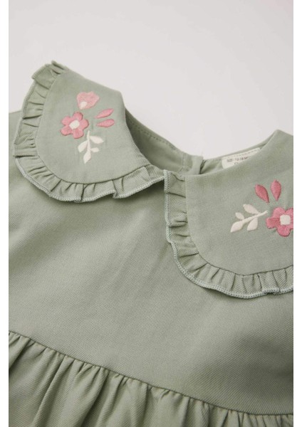 Kız Bebek Büyük Yaka Nakışlı Uzun Kollu Cepli Twill Elbise D9566A525SP