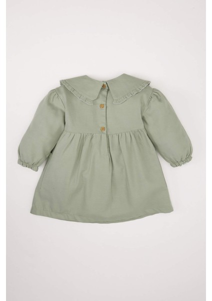 Kız Bebek Büyük Yaka Nakışlı Uzun Kollu Cepli Twill Elbise D9566A525SP
