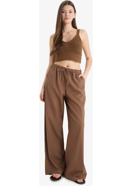 Wide Leg Çift Cepli Beli Lastikli Standart Boy Keten Karışımlı Pantolon E1981AX25SM