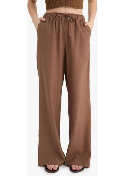 Wide Leg Çift Cepli Beli Lastikli Standart Boy Keten Karışımlı Pantolon E1981AX25SM
