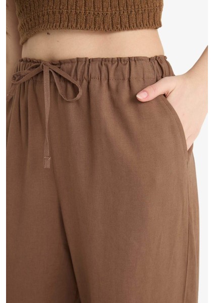 Wide Leg Çift Cepli Beli Lastikli Standart Boy Keten Karışımlı Pantolon E1981AX25SM