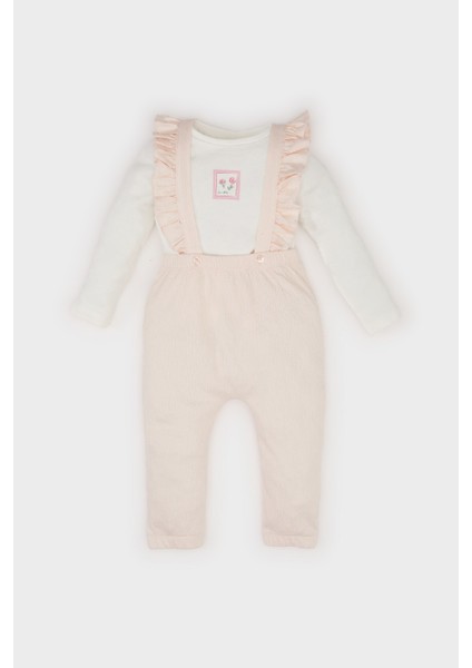Kız Bebek 2'li Takım Çiçekli Uzun Kollu Krinkıl Kumaş Tişört Salopet Tulum D9094A525SP