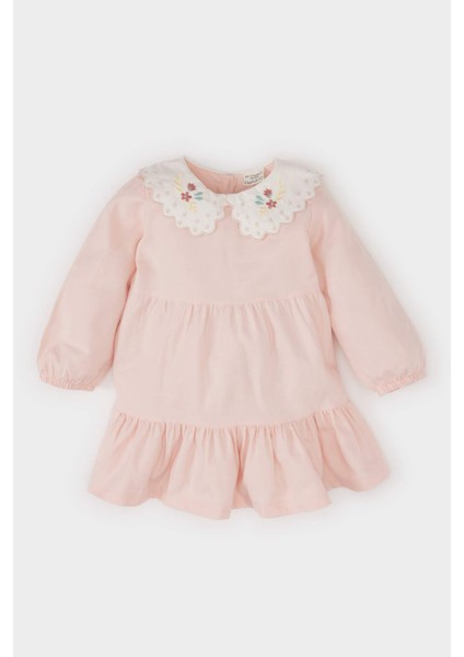 Kız Bebek Bebe Yaka Çiçek Nakışlı Uzun Kollu Twill Elbise D9565A525SP
