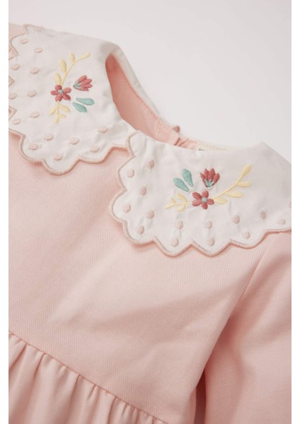 Kız Bebek Bebe Yaka Çiçek Nakışlı Uzun Kollu Twill Elbise D9565A525SP