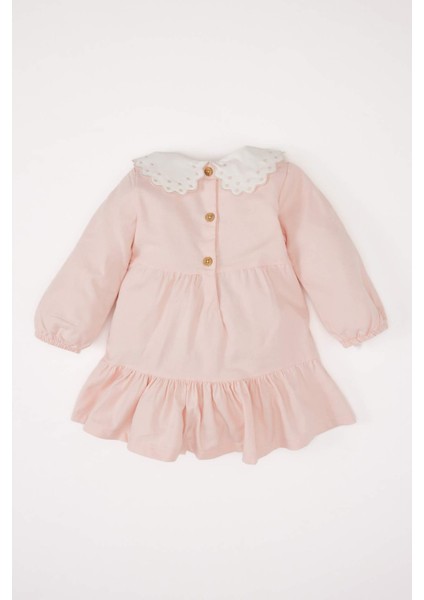 Kız Bebek Bebe Yaka Çiçek Nakışlı Uzun Kollu Twill Elbise D9565A525SP