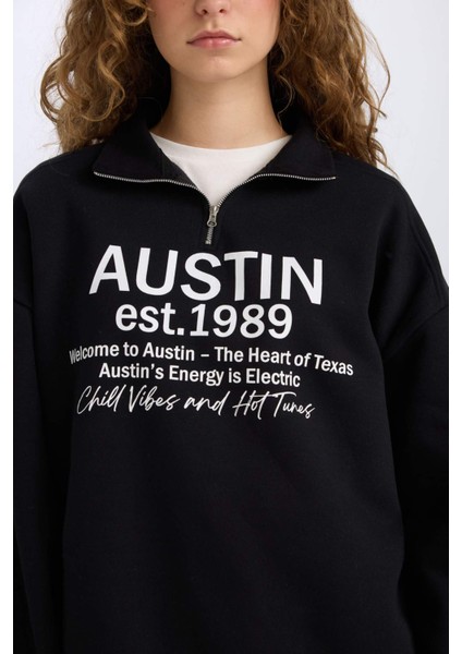 Oversize Geniş Kalıp Yarım Fermuarlı Sırt Baskılı Sweatshirt E1525AX24WN
