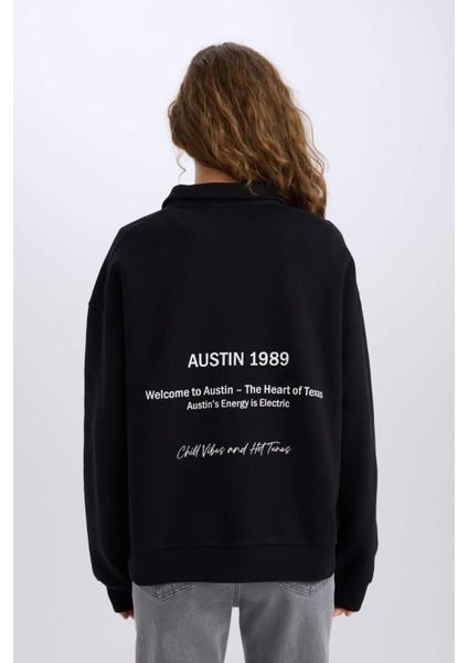 Oversize Geniş Kalıp Yarım Fermuarlı Sırt Baskılı Sweatshirt E1525AX24WN