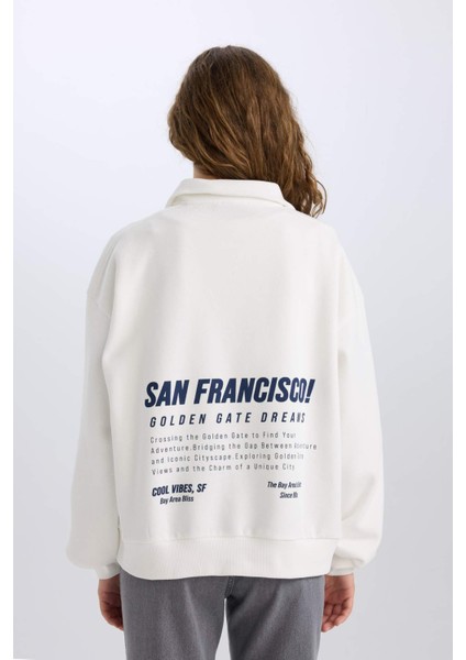 Oversize Geniş Kalıp Yarım Fermuarlı Sırt Baskılı Kalın Sweatshirt E1524AX24WN