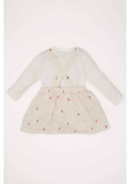 Kız Bebek 3'lü Takım Müslin Çiçekli Uzun Kollu Tişört Salopet Elbise Külotlu Çorap D9096A525SP