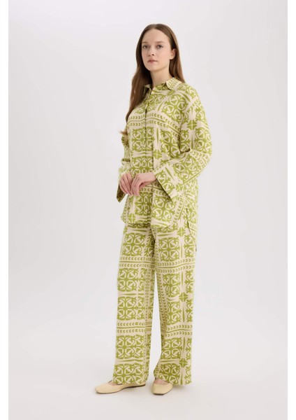 Relax Fit Desenli Keten Karışımlı Uzun Kollu Tesettür Gömlek Tunik D8184AX25SP