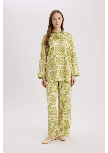 Wide Leg Desenli Beli Lastikli Keten Karışımlı Geniş Paça Pantolon D8188AX25SP