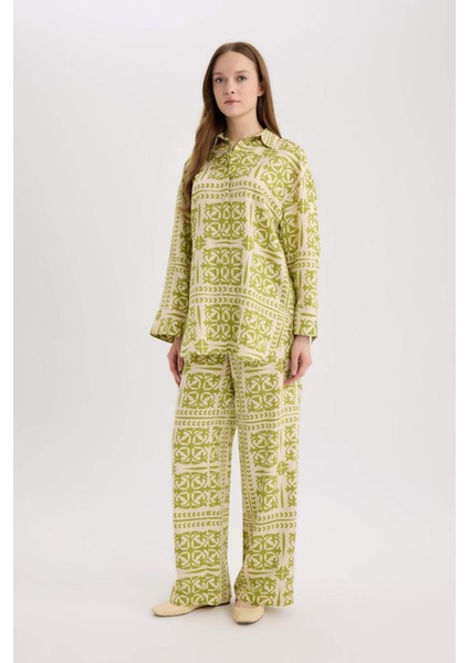 Wide Leg Desenli Beli Lastikli Keten Karışımlı Geniş Paça Pantolon D8188AX25SP