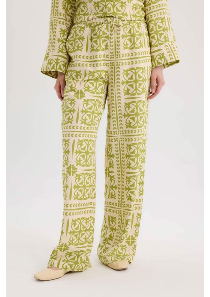 Wide Leg Desenli Beli Lastikli Keten Karışımlı Geniş Paça Pantolon D8188AX25SP