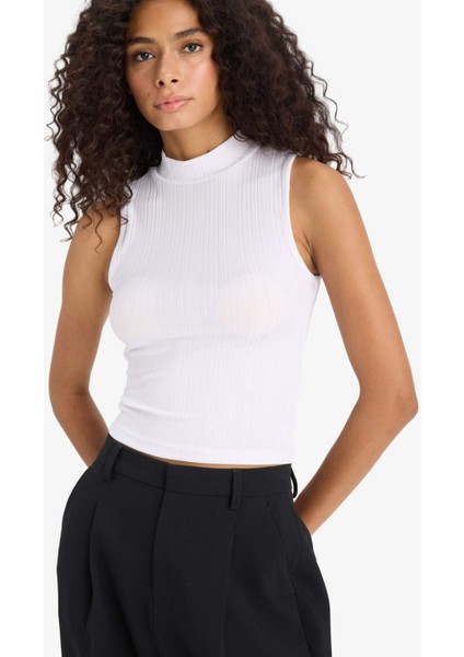 Slim Fit Dar Kesim Yarım Balıkçı Yaka Fitilli Kaşkorse Beyaz Atlet C7703AX25SP