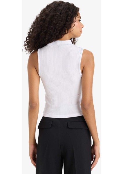 Slim Fit Dar Kesim Yarım Balıkçı Yaka Fitilli Kaşkorse Beyaz Atlet C7703AX25SP