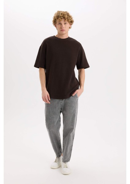 Boxy Fit Bisiklet Yaka Kısa Kollu Basic Düz Waffle Tişört B4443AX25SP