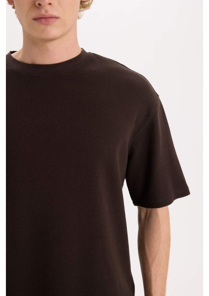 Boxy Fit Bisiklet Yaka Kısa Kollu Basic Düz Waffle Tişört B4443AX25SP