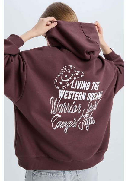 Coool Loose Fit Kapüşonlu Sırt Baskılı Kalın Sweatshirt E1495AX24WN