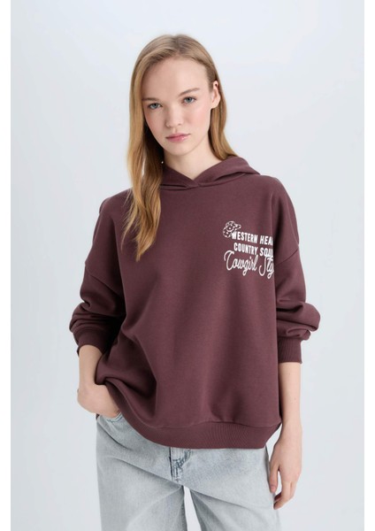 Coool Loose Fit Kapüşonlu Sırt Baskılı Kalın Sweatshirt E1495AX24WN