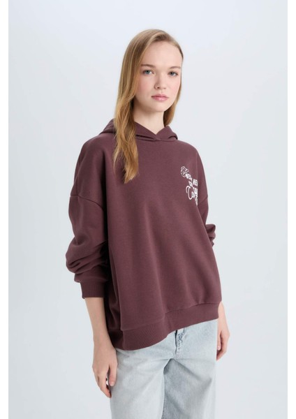Coool Loose Fit Kapüşonlu Sırt Baskılı Kalın Sweatshirt E1495AX24WN