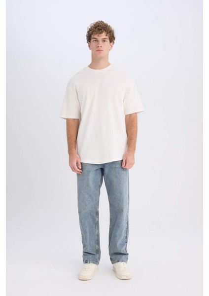 Boxy Fit Bisiklet Yaka Kısa Kollu Basic Düz Waffle Tişört B4443AX25SP