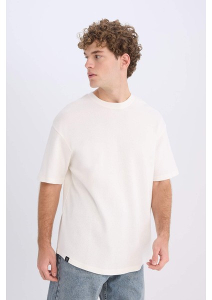 Boxy Fit Bisiklet Yaka Kısa Kollu Basic Düz Waffle Tişört B4443AX25SP