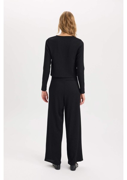 Wide Leg Geniş Bol Paça Beli Lastikli Basic Düz Bürümcük Pantolon D6300AX24AU