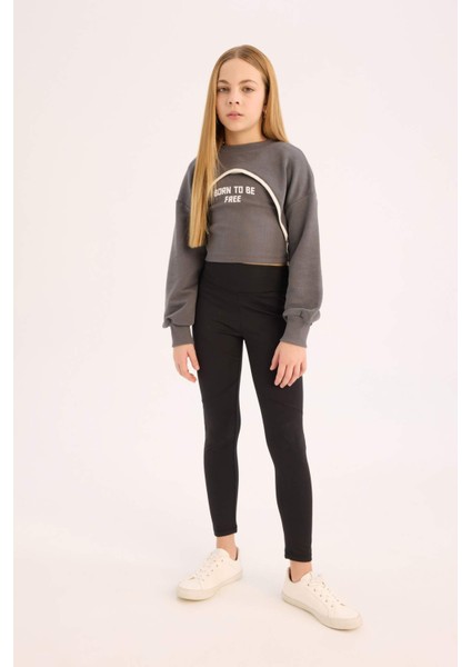 Kız Çocuk Crop Bisiklet Yaka Baskılı Sweatshirt E0456A825SP