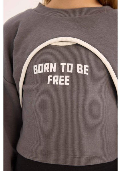 Kız Çocuk Crop Bisiklet Yaka Baskılı Sweatshirt E0456A825SP