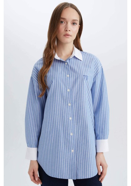 Relax Fit Çizgili Poplin Uzun Kollu Gömlek Tunik E1756AX25SP