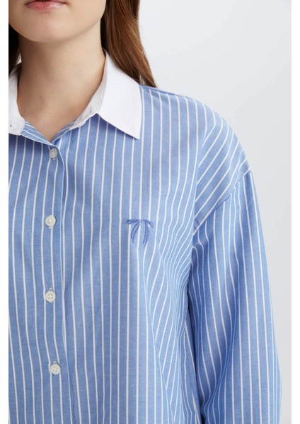 Relax Fit Çizgili Poplin Uzun Kollu Gömlek Tunik E1756AX25SP