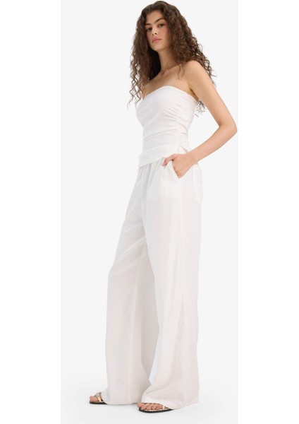 Wide Leg Çift Cepli Beli Lastikli Standart Boy Keten Karışımlı Beyaz Pantolon E1981AX25SM