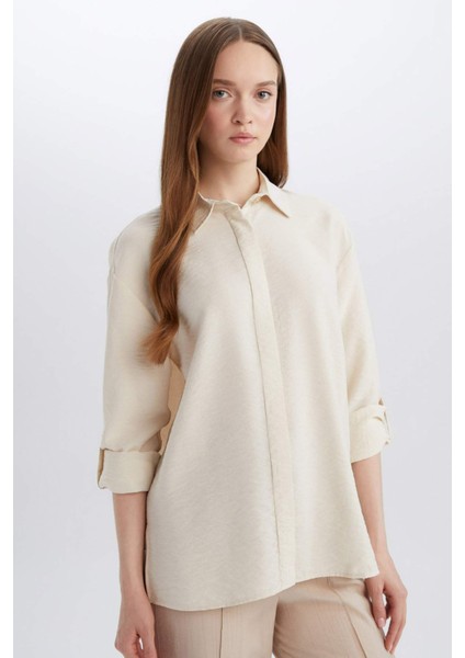 Regular Fit Basic Düz Uzun Kollu Gömlek Tunik E0785AX25SP