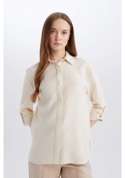 Regular Fit Basic Düz Uzun Kollu Gömlek Tunik E0785AX25SP