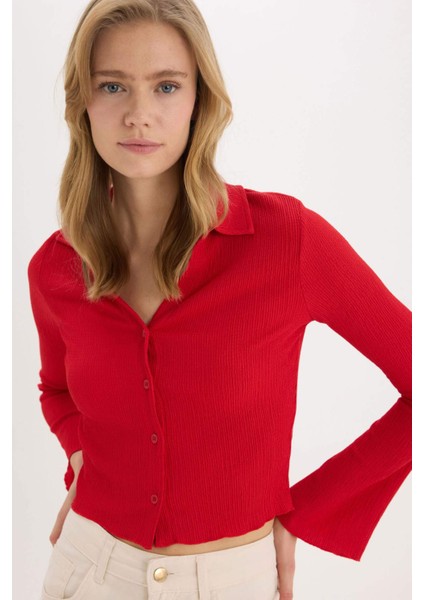 Coool Fitted Basic Düz Bürümcük Uzun Kollu Crop Gömlek A0012AX25SP