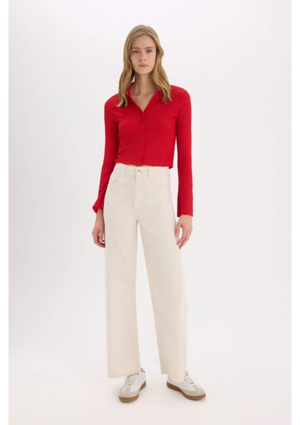 Coool Fitted Basic Düz Bürümcük Uzun Kollu Crop Gömlek A0012AX25SP