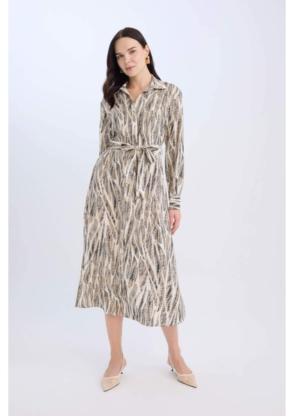 Regular Fit Desenli V Yaka Kuşaklı Uzun Kollu Maxi Elbise E0784AX25SP